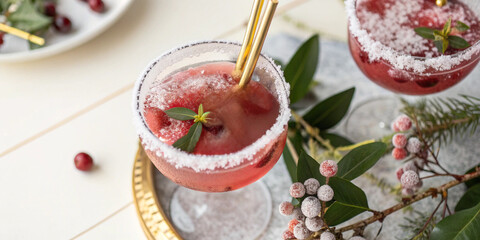 Two glasses of festive Christmas cranberry cocktails garnished with sugared rim, golden straws, and fresh cranberries creating vibrant and celebratory holiday atmosphere.