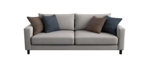 3d model of a sofa with buttons, a scandinavian-style sofa with wooden legs, at a 45-degree angle, against a gray background, with a perspective grid on the floor and in the bottom-left corner