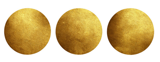 Three circular, gold-toned discs against a black background.  Each disc has a slightly varied texture, appearing somewhat rough or mottled