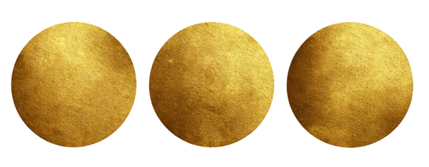Three circular, gold-toned discs against a black background.  Each disc has a slightly varied texture, appearing somewhat rough or mottled