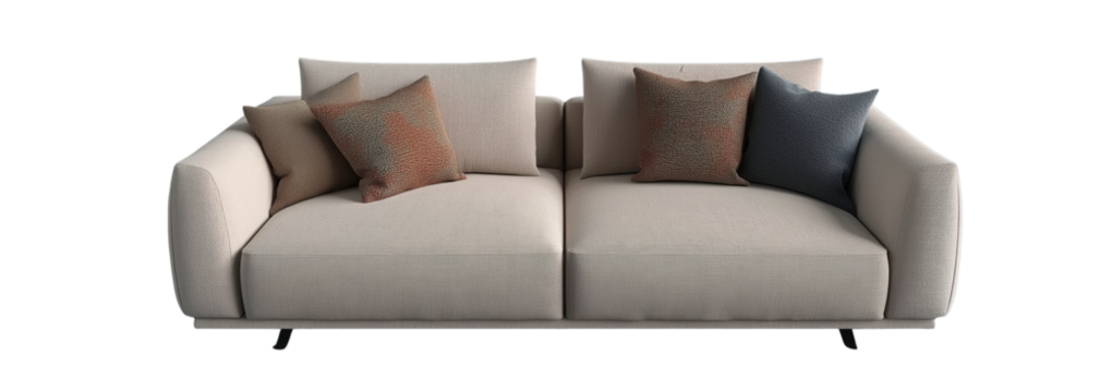 3d model of a  sofa with buttons, a scandinavian-style sofa with wooden legs, at a 45-degree angle, against a gray background, with a perspective grid on the floor and in the bottom-left corner 