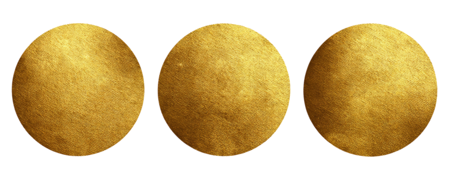 Three circular, gold-toned discs against a black background.  Each disc has a slightly varied texture, appearing somewhat rough or mottled