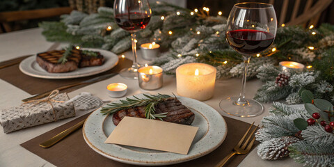 Christmas dinner table setting with grilled steak, red wine, candles, eucalyptus, fir branches, and blank card on wooden board creating warm holiday ambiance.