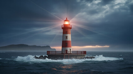 A red and white lighthouse stands tall against a dramatic sky, its beam cutting through the darkness, guiding ships safely to shore