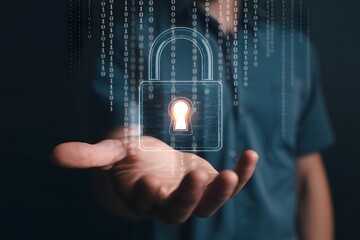 A hand holding a digital padlock with binary code falling in the background for data security concept