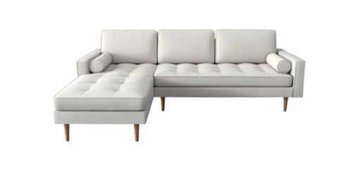 3d model of a  sofa with buttons, a scandinavian-style sofa with wooden legs, at a 45-degree angle, against a gray background, with a perspective grid on the floor and in the bottom-left corner 