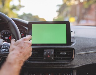 Close-up of a driver's hand touching the green screen of a modern car's dashboard navigation system, ready for mockup
