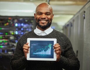 Smiling IT specialist presenting a successful business growth chart on a digital tablet in a modern data center