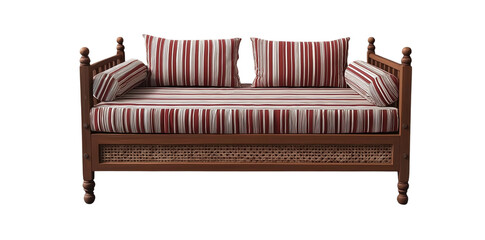 3d model of a  sofa with buttons, a scandinavian-style sofa with wooden legs, at a 45-degree angle, against a gray background, with a perspective grid on the floor and in the bottom-left corner 