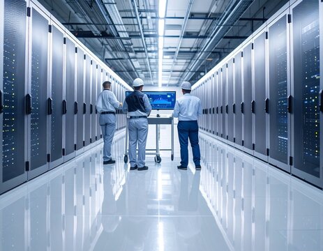 Professional IT support team managing network infrastructure inside a large, futuristic data center with rows of server racks - Powered by Adobe