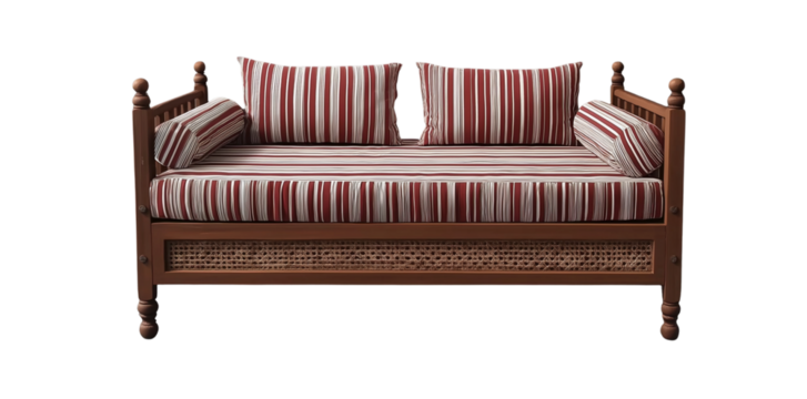 3d model of a  sofa with buttons, a scandinavian-style sofa with wooden legs, at a 45-degree angle, against a gray background, with a perspective grid on the floor and in the bottom-left corner 