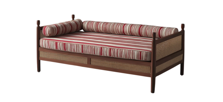 3d model of a  sofa with buttons, a scandinavian-style sofa with wooden legs, at a 45-degree angle, against a gray background, with a perspective grid on the floor and in the bottom-left corner 