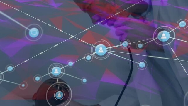 Network of digital icons against caucasian male doctor examining african american male patient