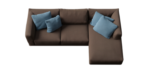 3d model of a  sofa with buttons, a scandinavian-style sofa with wooden legs, at a 45-degree angle, against a gray background, with a perspective grid on the floor and in the bottom-left corner 