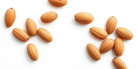 Several almonds arranged on a pristine white background, showcasing their texture and detail,   unpeeled,  texture