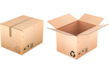 Fototapeta premium Parcels, cardboard boxes. Opened, empty and closed parcels, transparent background