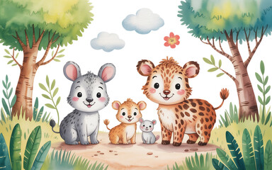 Obraz premium Watercolor illustration of a cute mouse and leopard family in a forest, creating a whimsical and adorable scene, perfect for childrens book