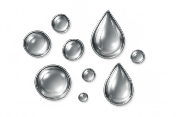 Silvery liquid droplets varying in size, pooling and merging against transparent backdrop with metallic, contemporary visual design