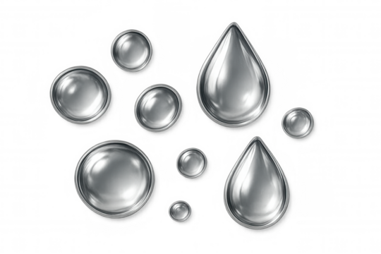 Silvery liquid droplets varying in size, pooling and merging against transparent backdrop with metallic, contemporary visual design