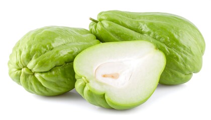 Fresh, vibrant green chayote fruits, whole and halved, are displayed against a plain white background.