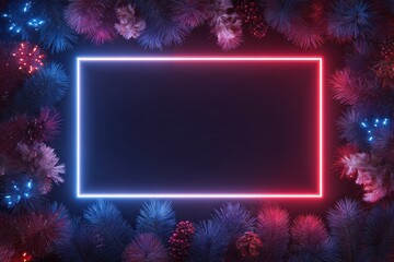 Vibrant photo of vibrant neon rectangle frame surrounded by abstract colorful bokeh lights.