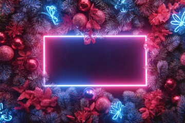Vibrant photo of festive neon frame amidst christmas decorations.