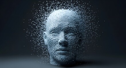 Digital human head constructed from small cubes with particles dissipating around the head area