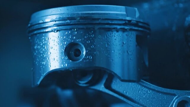 Close-up of a metallic engine piston and connecting rod, highlighting automotive engineering and industrial machinery details.