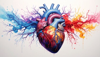 Vibrant Watercolor Human Heart Illustration with Abstract Organic Branching, Symbolizing Emotion, Life, and Connection through a Spectrum of Colors