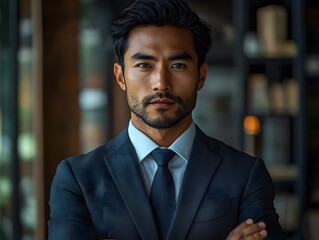 Fototapeta premium Confident and determined businessman in a dark suit looking directly at the with a serious expression in a modern professional setting
