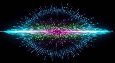 A vibrant, symmetrical burst of cyan, green, and magenta light particles radiating from a central bright line.