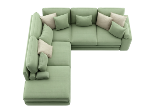 3d model of a  sofa with buttons, a scandinavian-style sofa with wooden legs, at a 45-degree angle, against a gray background, with a perspective grid on the floor and in the bottom-left corner 