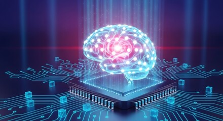 Glowing brain resting on a microchip with blue circuit board lines and floating cubes around it