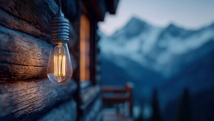 Naklejka premium Vibrant photo of warm edison bulb illuminates rustic cabin against snowy mountain backdrop.