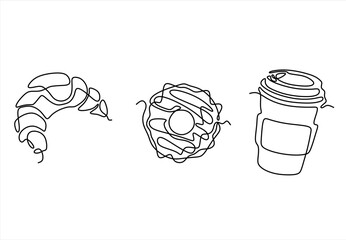Breakfast Treats Croissant, Donut, and Coffee Cup in One Line. Logo in Line Art. line icon-continuous line drawing. Editable stroke. 
