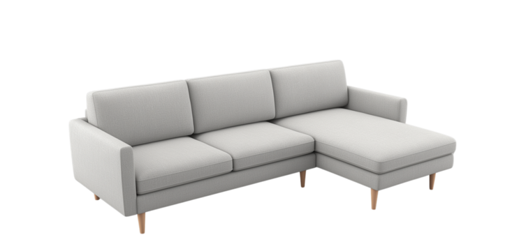 3d model of a  sofa with buttons, a scandinavian-style sofa with wooden legs, at a 45-degree angle, against a gray background, with a perspective grid on the floor and in the bottom-left corner 