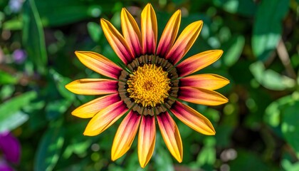 Overhead close-up of a vibrant, daisy-like flower with yellow and red petals