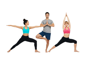 Group Practicing Yoga Poses on White Background