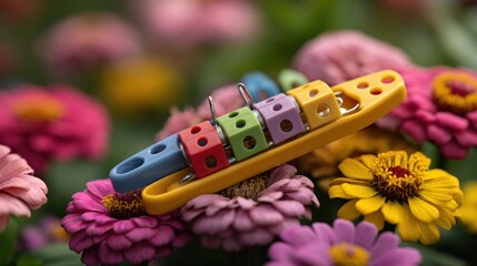 Naklejka premium Colorful, miniature, boat-shaped toy rests on vibrant flowers