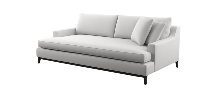 3d model of a  sofa with buttons, a scandinavian-style sofa with wooden legs, at a 45-degree angle, against a gray background, with a perspective grid on the floor and in the bottom-left corner 