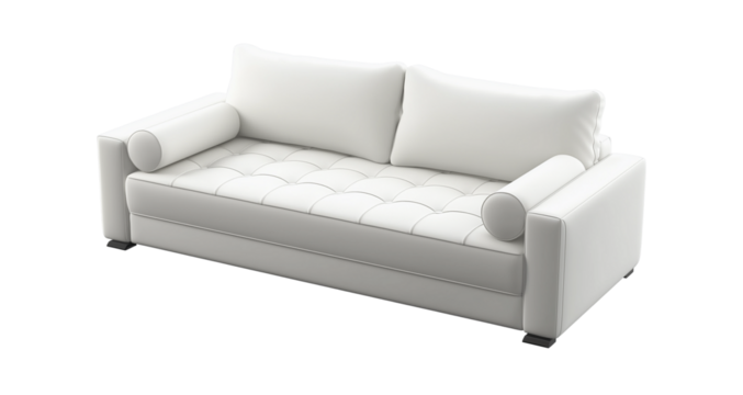 3d model of a  sofa with buttons, a scandinavian-style sofa with wooden legs, at a 45-degree angle, against a gray background, with a perspective grid on the floor and in the bottom-left corner 