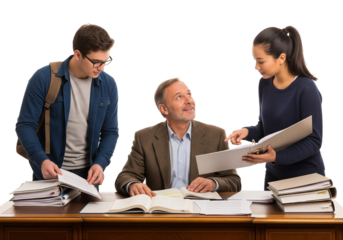 Teacher and Students Discussing Study Materials at Desk