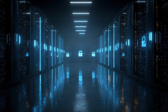 A server room with rows of servers and security locks illuminated by blue light - Powered by Adobe