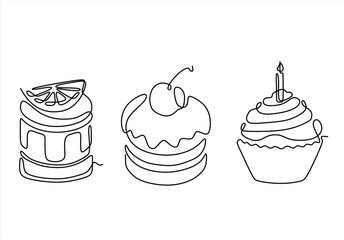 Line art cakes lemon, cherry, and birthday cupcake. Logo in Line Art. line icon-continuous line drawing. Editable stroke. 