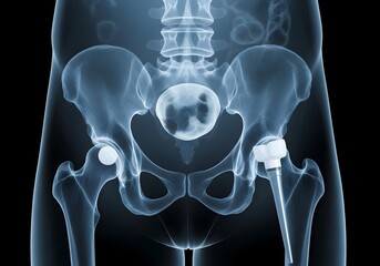 An x ray image showing a pelvis with a hip replacement on one side and a replacement on the other side