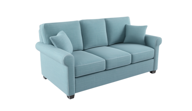 3d model of a  sofa with buttons, a scandinavian-style sofa with wooden legs, at a 45-degree angle, against a gray background, with a perspective grid on the floor and in the bottom-left corner 