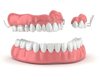 A set of dentures and partial dentures with metal clasps displayed on a white background surface