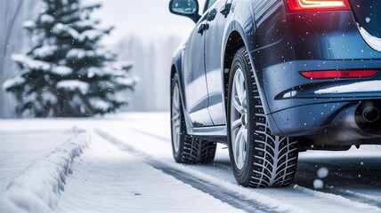 Car driving on snowy road with winter tires in cold forest landscape showcasing safe travel and seasonal conditions