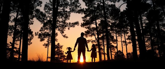 Fototapeta premium Silhouetted figures holding hands at sunset, tall trees framing loving family, hands, sunset
