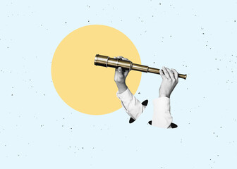 Fototapeta na wymiar Flat design Illustration. Hands holds telescope or binoculars. Searching for information on the internet concept.